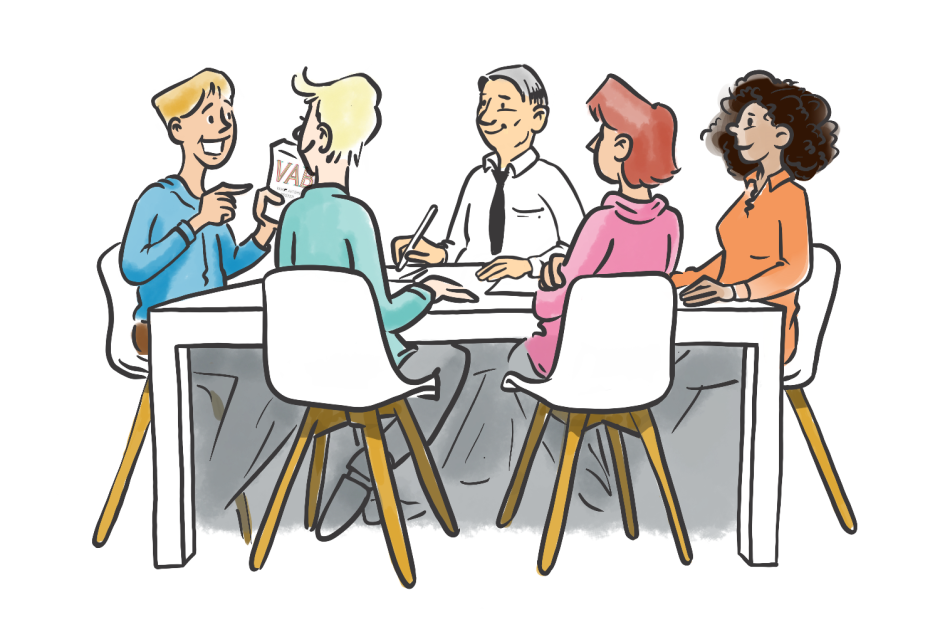 Vijf mensen zitten samen aan een tafel.Eén is aan het woord.